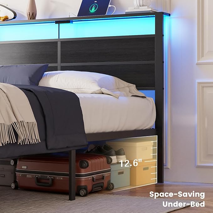 King Size Bed Frame with LED Lights &amp Charging Station Black Metal Platform Bed with Wood Headboard and Sturdy Slats No Box Spring Needed