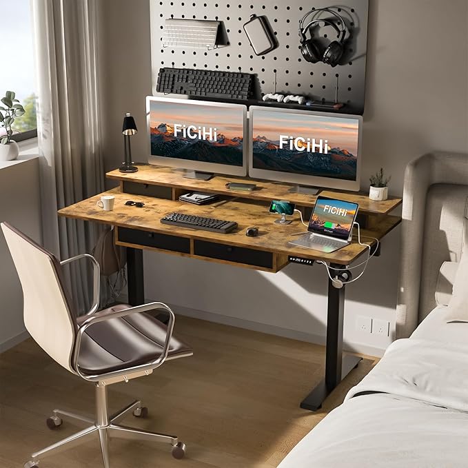 FiCiHi Adjustable Height Standing Desk with 4 Drawers63 x 30 inches Electric Sit Stand Home Office Desk with Two Tiers 3 Memory Presets Monitor Stand Riser USB A/C Charging Port