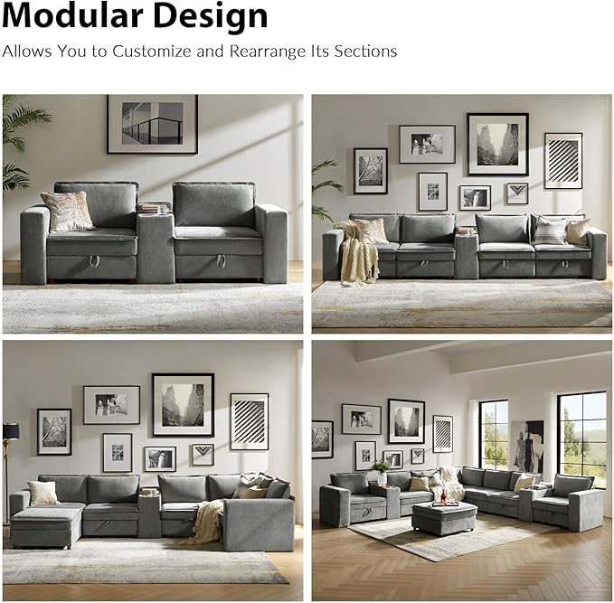 EcoHarbor Living Modular Sofa Center Console with Tabletop &amp Dual Charging Ports Multi-Functional Sectional Organizer tith Cup Holder &amp USB Charger for Customizable Sofa Configurations Grey