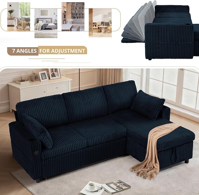 84 Corduroy Pull Out Sofa Bed w/Adjustable Backrests Sectional L-Shape Sleeper Sofa w/Storage Chaise Convertible Couch Bed w/USB Charging Port &amp Cup Holders for Living Room House Blue