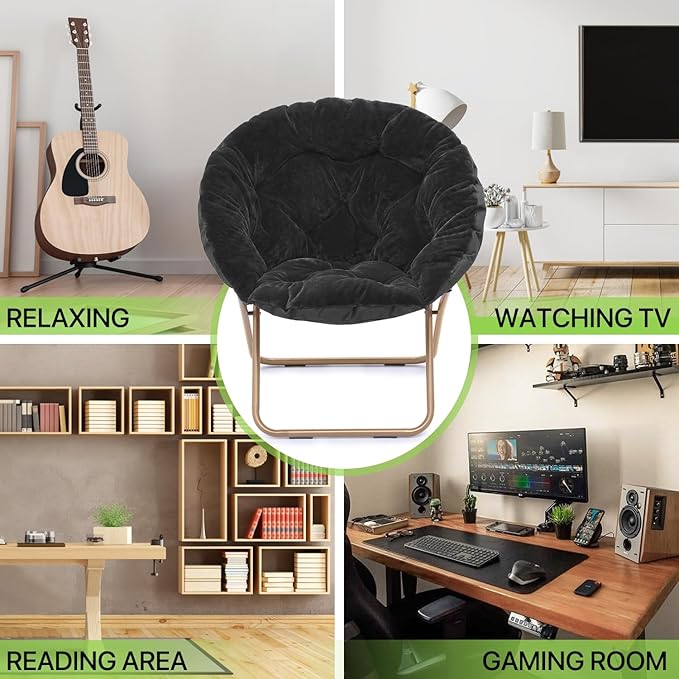 Magshion Folding Saucer Chair for Adults with Ottoman Circle Reading Chair for Bedroom Living Room &amp Dorm Furry Comfy Accent Seat with Metal Leg &amp Thick Padded for Small Spaces (Black 2 Pa
