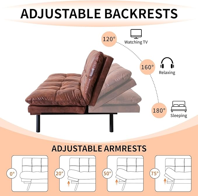 MUUEGM Futon Sofa Bed 71 Walnut Convertible Memory Foam Futon Couch Bed Modern Loveseat Sleeper with Adjustable Backrests Armrests for Living RoomSmall SpaceOffice