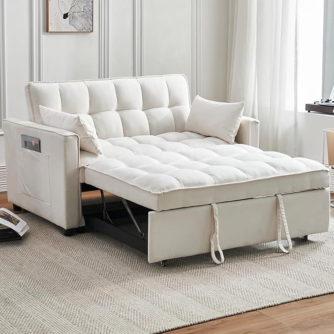 Velvet Convertible Sleeper Sofa 3-in-1 Pull Out Couch Bed with PillowsAdjustable BackrestStorage Pockets with Armrests for Living Room &amp Bedroom (White) | Pull Out Couch Bed