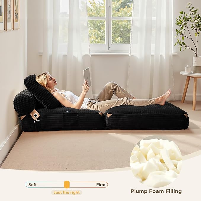 75''Foldable Sofa BedBlack Convertible Folding Sleeper Chair BedFoldable Single Sofa Foam Filling Couch with Pillow Comfy Corduroy Lazy Floor Sofa for Small Room Living Room Bedroom Apartment