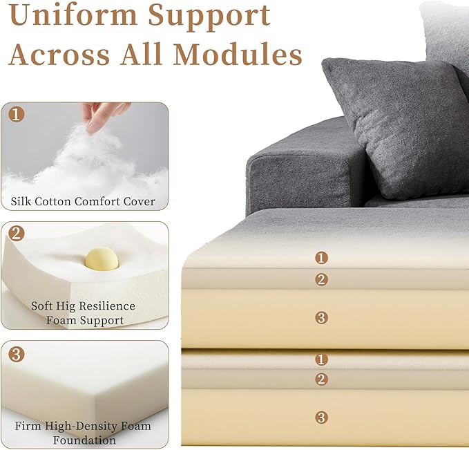Modular Sectional Loveaeat Cloud Sofa Boneless Couch with Non Slip Base Cozy Sleeper Sofa for Customizable Living Spaces Modern Modular Couch with L-Shape Chaise Deep Seat &amp No Assembly Grey