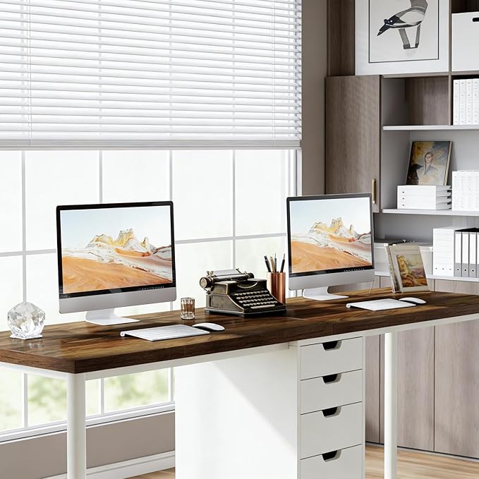 79 2 Person Desk with Drawers Double Computer Desk with Storage Cabinet Large Writing Home Office Desks Wood Two Person Desk with Metal Legs for Study Gaming