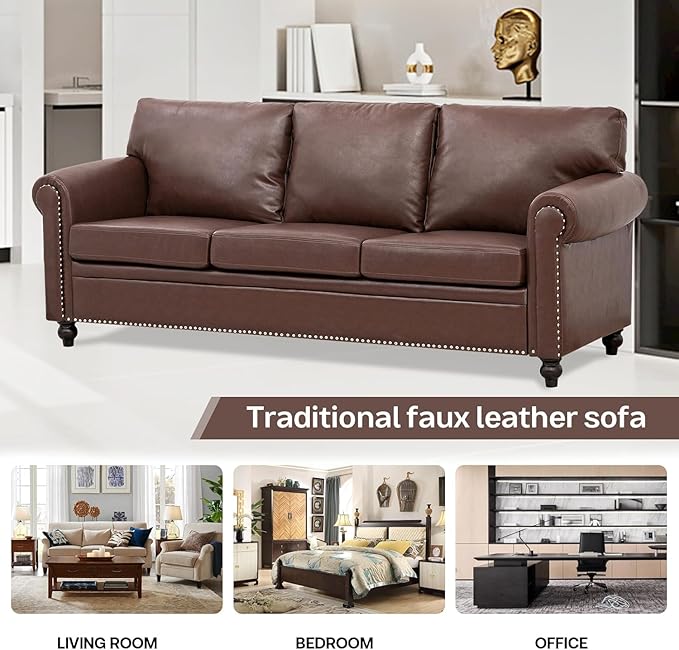 Brown Faux Leather Couch Comfy Classic 3 Seater Living Room SofaMid-Century Modern Sofa with Detachable Cushions 84 for Living Rooms Bedrooms OfficesApartments Tool-Free Assembly(Brown)
