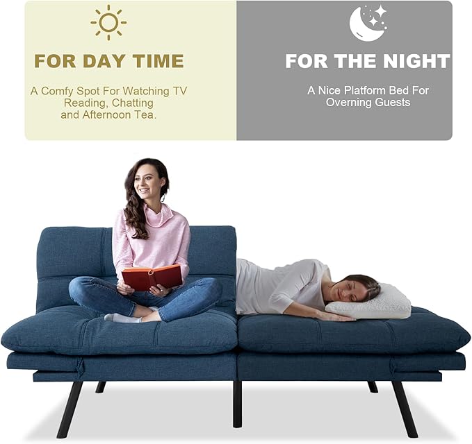 MUUEGM Convertible Futon Sofa Bed Memory Foam Futons Couch Bed 71 Adjustable Backrests and Armrests Sleeper Sofa Modern Love Seat Couch Bed for Living Room Small Space Office Blue