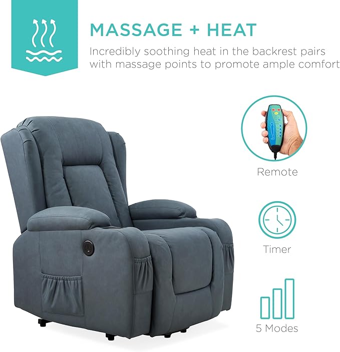 Best Choice Products PU Leather Electric Power Lift Chair Recliner Massage Chair Adjustable Furniture for Back Legs w/ 3 Positions USB Port Heat Cupholders Easy-to-Reach Side Button - Blue