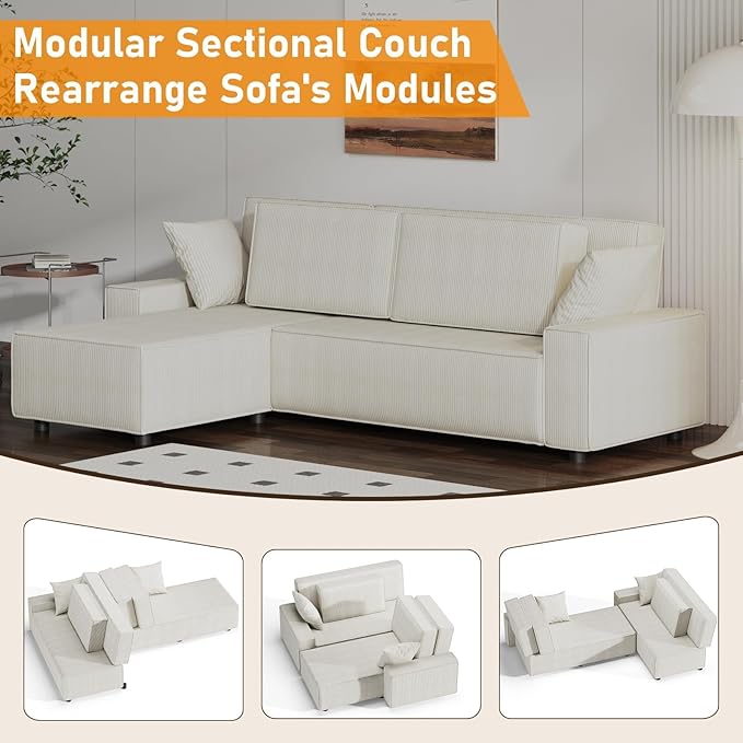 GAOMON Fine Stripe Corduroy Sectional Sofa l Shaped Modern Corduroy Couch Comfy Sofa Couch with Deep Chaise for Living Room Apartment Hotel 96 w*61 d*32 h Beige