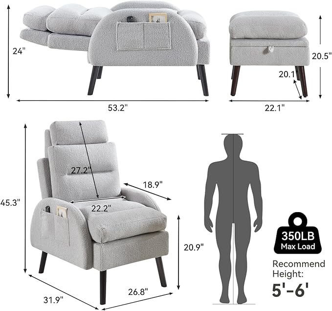 Accent Chair with Ottoman Set Comfy Teddy Reading Chair and Ottoman Modern Oversized Lounge Armchair with Adjustable Backrest for Living Room Bedroom Light Grey