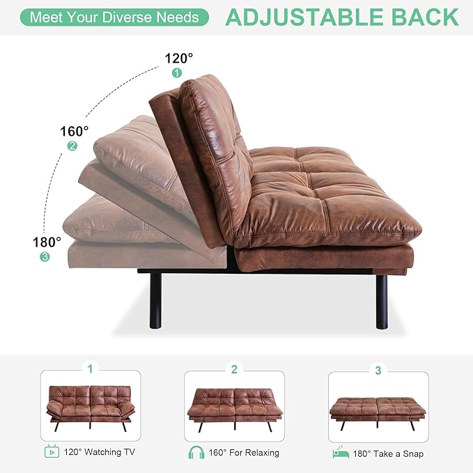 MUUEGM Futon Couch with 71 Adjustable High Density Memory Foam Futon Sofa Bed Modern Design Sofa Bed for Living Room Sleeping and Relaxing(Leather Brown)