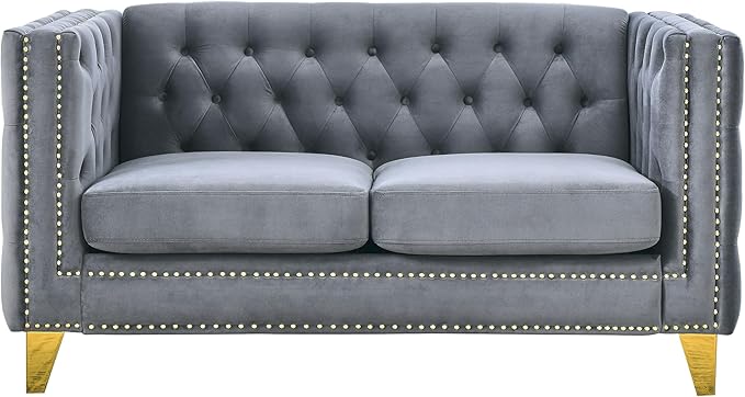 KEIKI Tufted Velvet 2 Seat Sofa Couch for Living Room Buttons Tufted Square Arm Couch for Home Apartment Gray