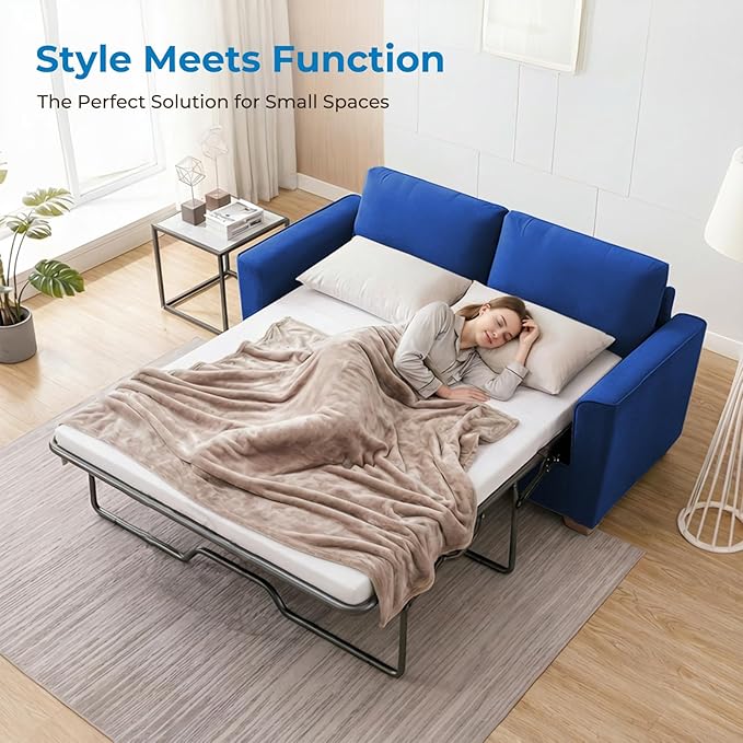 Mjkone 71 Width Full Size Pull Out Sofa Bed Sleeper Couch with Pillows and Folding Mattress 2 in 1 Velvet Loveseat Sleeper Sofa with Pull Out Couch Beds for Home Living Room Small Spaces Blue