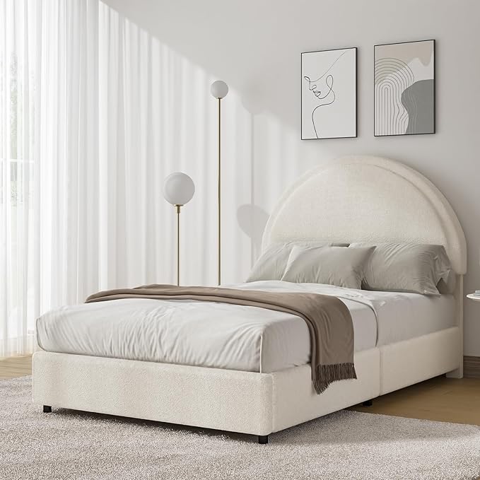 Twin Bed Frames with Round Headboard White Soft Upholstered Bed Frame Boucle Bed Frame for Kids Arch Shaped Modern Style No Box Spring Required Easy Assembly Light White