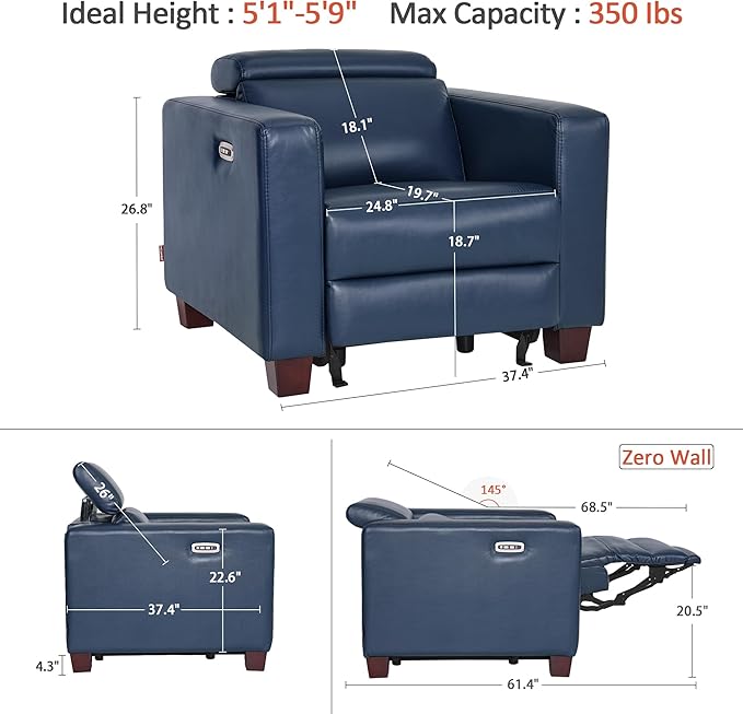 MCombo Zero Wall Recliner Chair Wall Hugger Power Recliner Chair with Power Headrest USB Charge Ports Wood Legs Modern Design for Living Room Small Spaces Faux Leather HL128 (Blue)