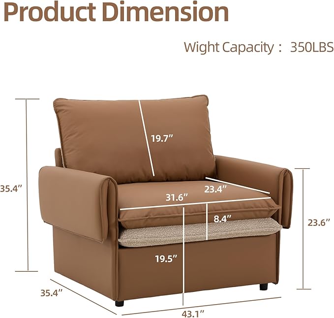 Oversized Leather Accent Chair Modern Armchair Single Reading Chair Lounge Chair43.1'' Wide 23.4 Seat Deepth Comfortable Seating for Living Room Bedroom (Gray Leather 41.1 Width)