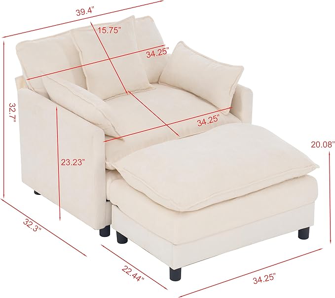 39.4 Oversized Modern Accent Chair with Ottoman Chenille Upholstered Club Chair for Living Room &amp Bedroom Reading Chair 350 lbs Weight Capacity (Beige 1 Seat)