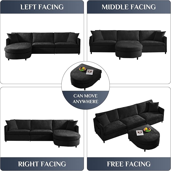 L Shaped Sectional Sofa Couch 106.7 Comfy Chenille 4 Seat Deep Seat Sofa Set with 2 Pillows &amp Convertible Ottoman Modern Modular Cloud Couch for Living Room Office Apartment Black