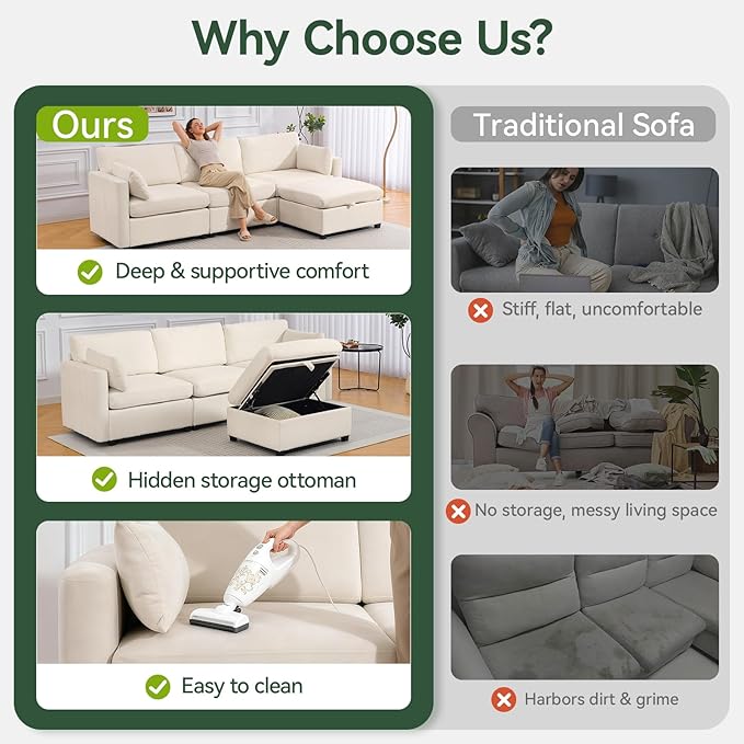 109'' Modular Sectional Sofa L Shaped Couch with Storage Ottoman Comfy Cloud Sofa with Deep Seat 4 Seat Convertible Sectional Couches for Living Room (Beige Low Legs 1.97)
