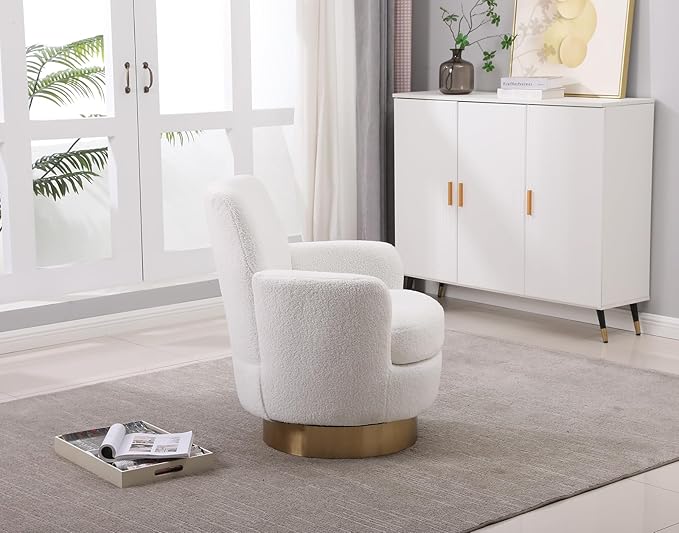 Teddy Swivel Accent Chair Set of 2 Upholstered Barrel Chair with Gold Base Comfy Sherpa Round Boucle Chair 365-degree Swivel Armchair for Living Room Bedroom Lounge Office Nursery White