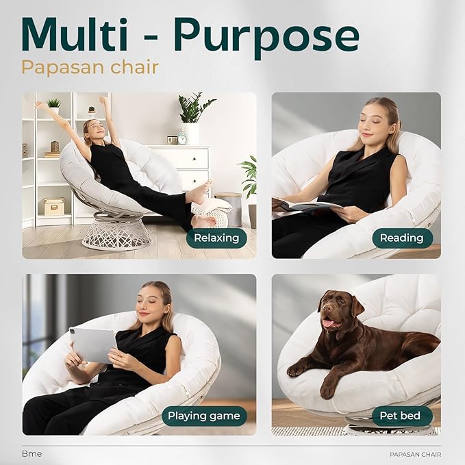 Bme 40 Ergonomic Wicker Papasan Chair with Soft Thick Density Fabric Cushion High Capacity Steel Frame 360 Degree Swivel for Living Bedroom Reading Room Lounge