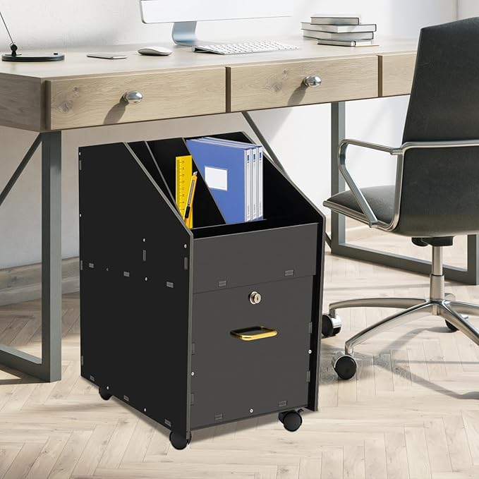 Mobile File Cabinet with Lock Under Desk Rolling File Cabinet with Wheels Black PVC File Organizer Storage for Home Office Lockable File Holder with Brake System