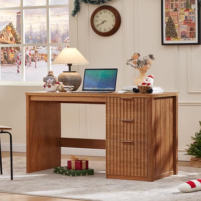 LEYAOYAO Office Desk 48 with 3 Drawers Storage File Cabinet Wood Fluted Desk for Computer Office Bedroom Home Furniture Tea Brown