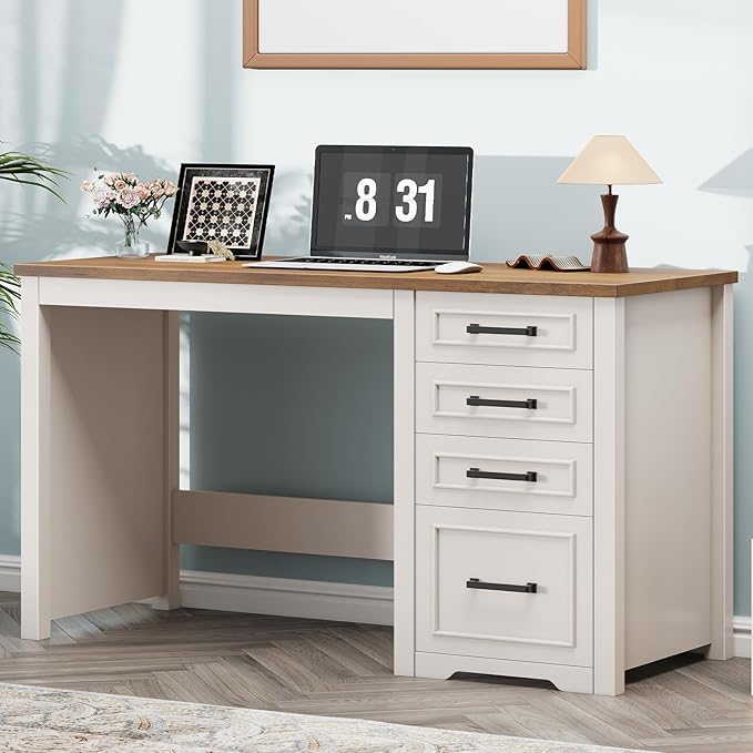 Vabches Farmhouse 49” Executive Desk with File Drawer 4 Drawers Reversible Computer Desk with Storage Rustic Home Writing Workstation for Home Office.White Brown