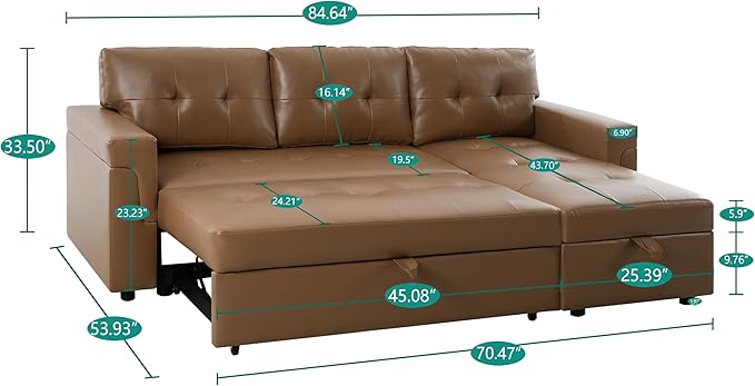 Naomi Home 85 in. Convertible Sofa with Storage Reversible L Shape Sofa Couch with Chaise Comfy Couches for Living Room Caramel/Air Leather