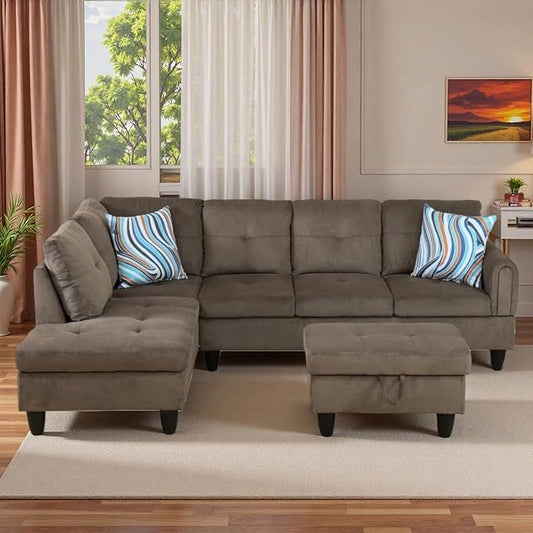 L-Shaped Sectional Sofa with Movable Chaise &amp Storage Ottoman Lounge 3-Piece Modular Convertible Couches for Living Room Apartment &amp Office Brown