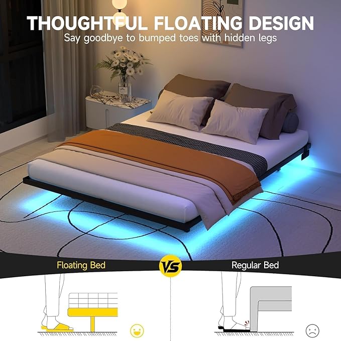 Floating Bed Frame Full Size with LED Lights and Charging Station Metal Platform Bed Easy Assembly No Box Spring Needed