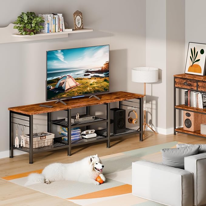 Furologee TV Stand for TVs up to 65 Inch Entertainment Center with Open Storage Shelves 55 Inch Television Stands with Soundbar Shelf for Living Room Bedroom Rustic Brown