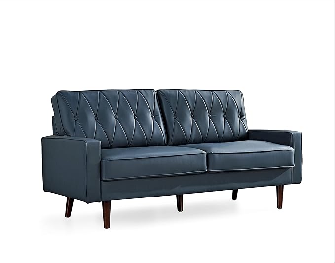 Container Furniture Modern Style Faux Leather Sofa with Elegant Round Tapered Legs and Button Tufted Backrest Perfect for Living Room Bedroom or Home Office 69.3’’ Wide Blue