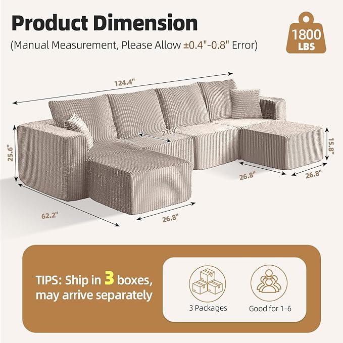 124 Modular Sectional Sofa U-Shaped 4 Seater Boneless Couch with 2 Ottomans Modern Cloud Sectional Couch Deep Seat Sofa for Living Room Bedroom Apartment No Assembly Required