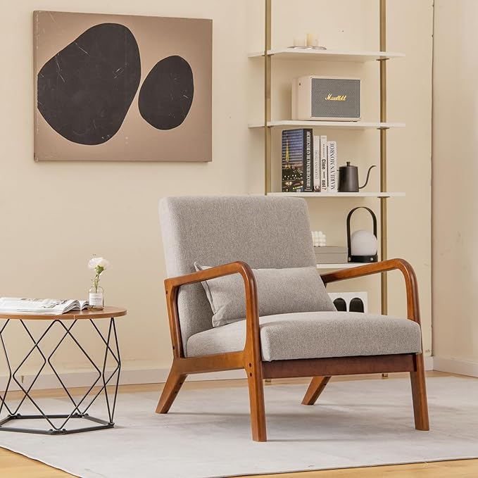 GORELAX Mid Century Modern Accent Chair Upholstered Lounge Armchair with Wood Frame &amp Lumbar Pillow Comfy Reading Chair for Living Room Bedroom Office (1 Grey)