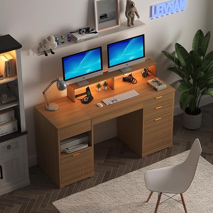 Fluted Desk with Drawers Filing Cabinet 63 Home Office Executive Desk with Lift Top Gaming Desk Charging Station Sensor Lights Wood Computer Table with Monitor Stand Natural Wood