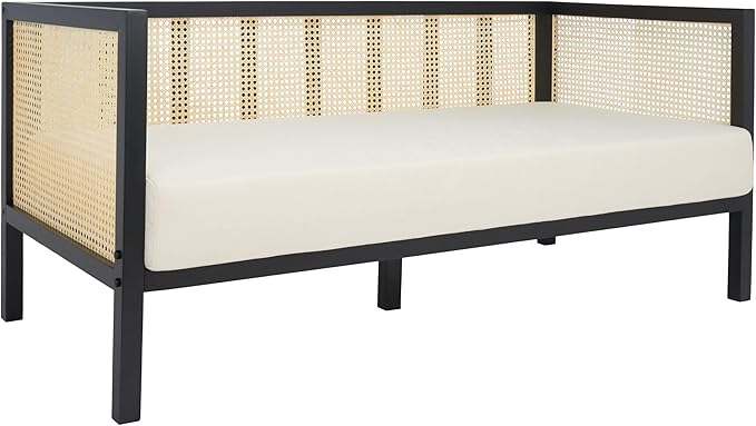 SAFAVIEH Home Collection Dune Coastal Black Rattan 3-Seater Sofa with White Cushion