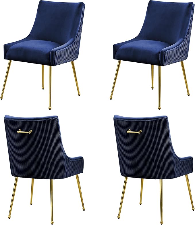 Velvet Dining Chairs Set of 4 Gold LegsUpholstered Velvet Accent Chairs Pleated Back Design &amp Gold Pull Handle Mid Century Modern Chairs for Dining/Kitchen/Living RoomBlue