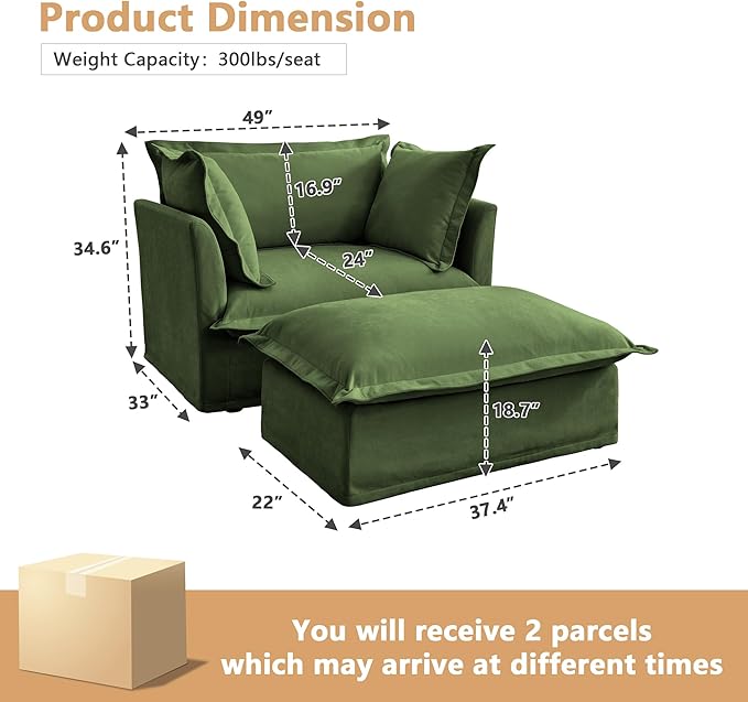 Modern Single Sofa Chair with Ottoman 49 Slipcovered Armchair Oversized Upholstered Accent Chair Comfy Cloud Deep Seat Sofa with 2 Throw Pillows for Living Room Apartment Chenille Green