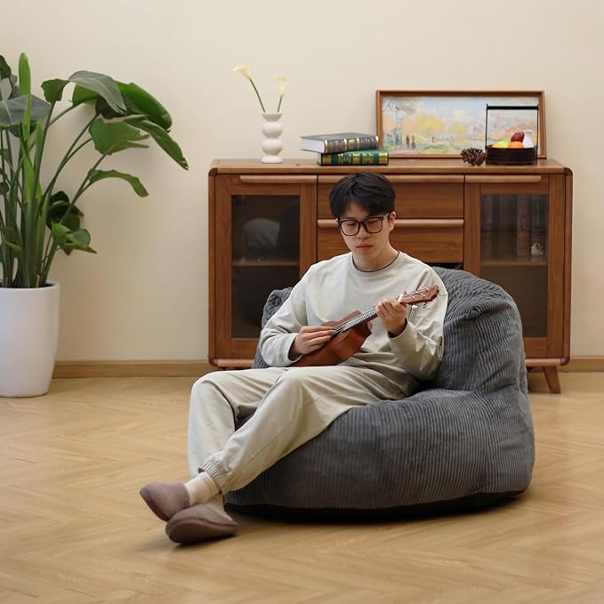 N&ampV Large Crescent Bean Bag Chair Adult Size Bean Bag Sack Foam Filling Soft Premium Corduroy Bean Bag for Living Room Bedroom Dorm and Office (Frost Gray)