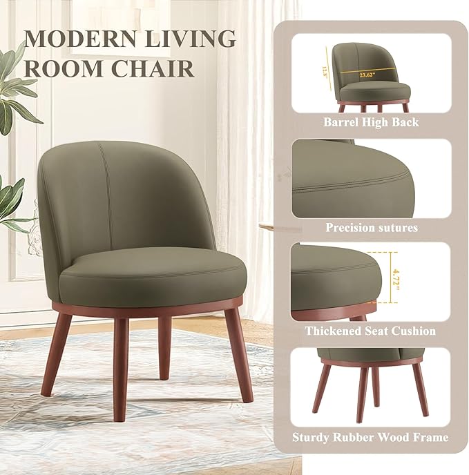 Accent Chair Set of 1 PU Leather Mid-Century Modern Chair for Small Space Comfy Upholstered Armless Chair for Living Room Bedroom Olive Green