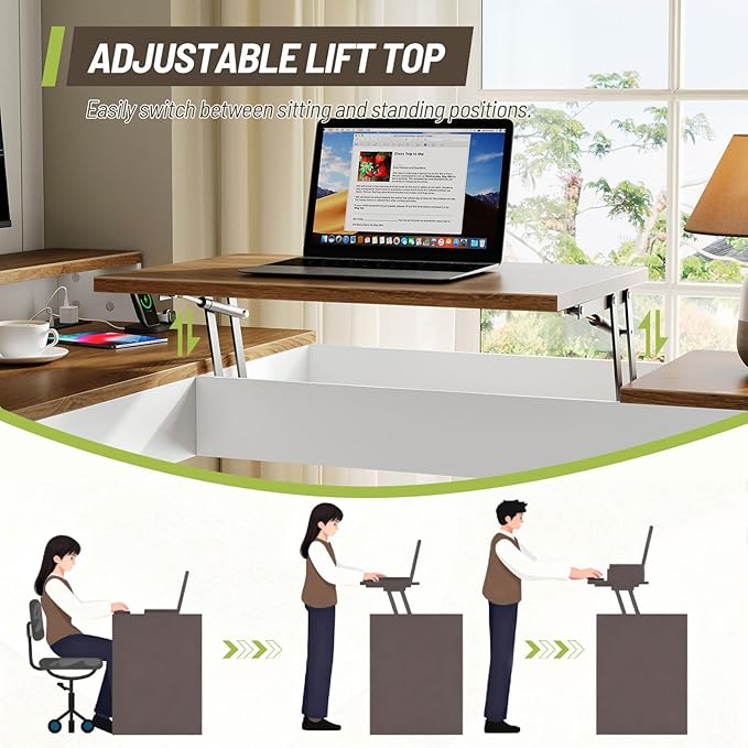 Farmhouse 63 L Shaped Standing Desk Corner Computer Desk with Drawers Office Desk with File Drawers with RGB Lighting &amp Charging Station Monitor Stand and Storage Shelves White and Walnut