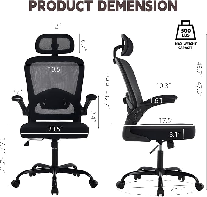 Ergonomic Office Chair with 3D Adjustable Lumbar Support Mesh High Back 75° Rotating Headrest Rocking Function 300lbs Capacity Black/White (Black)