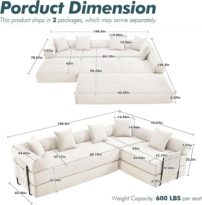 10-in-1 Folding Convertible Sofa Bed 141 Inch Boneless Couch with Fixed-Shape Frame Corduroy Modular Sectional Sofa Mattress Sleeper Sofa Floor Sofa Futon Couch for Living Room (Beige)