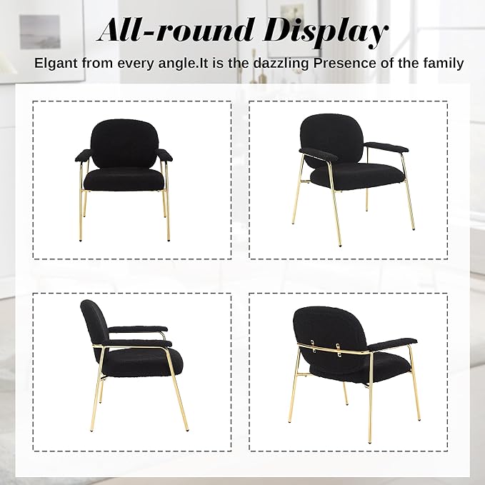Accent Chair Set of 4 Sherpa Upholstered Armchair Reading Side Chair Comfy Living Room Chair with Gold Metal Legs for Bedroom Waiting Room Black
