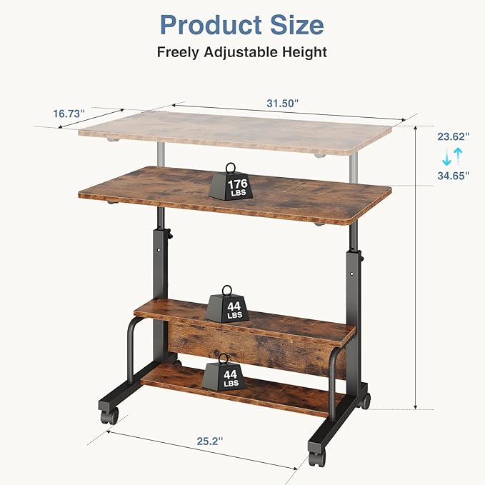 DUMOS 31.5 Manual Standing Desk Height Adjustable Mobile Computer Desk with Lockable Wheels &amp 2-Tier Storage Rolling Laptop Table for Small Spaces &amp Home Office Rustic Brown