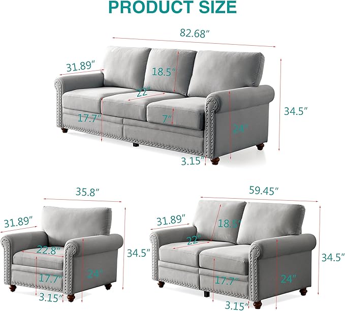 82'' Linen Fabric CouchLiving Room Furniture Sofa Set Rivet Decoration Sectional Sofa Set for Living Room Apply to Office and Home(3 Seater Sofas+Loveseat+Chair) Grey
