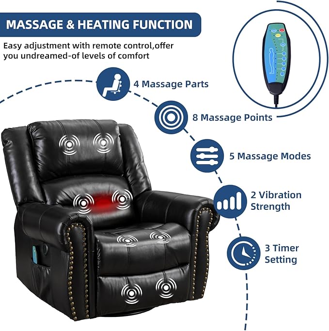Swivel Rocker Recliner Chair with Heat and Vibration 360° Swivel Glider Rocker Manual Reclining Chair Massage Rocking Recliners with Side Pockets &amp USB Ports for Living Room Black
