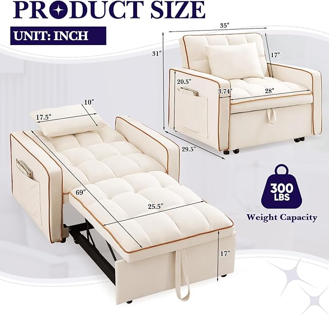 Convertible Sleeper Chair Bed 3 in 1 Modern Velvet Pull Out Sofa Bed Small Tufted Single Sleeper Chair with Adjustable Backrest/Pillow for Living Room Small Spaces Apartment Office Beige